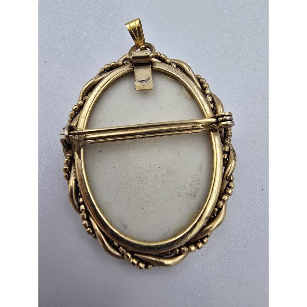 Vintage Hand Painted Floral Brooch Pin Pendant Gold Tone Blue Flowers Signed - Picture 5 of 6